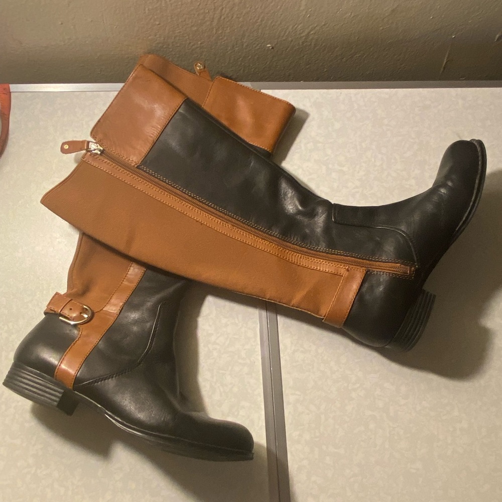 Isaac Mizrahi Live! 6 1/2 Med Calf Leather Stretch Riding Boots Brown And Black